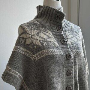 Soaked in Luxury Grey Fair Isle Wool-Blend Button Poncho, Ribbed Collar – US M